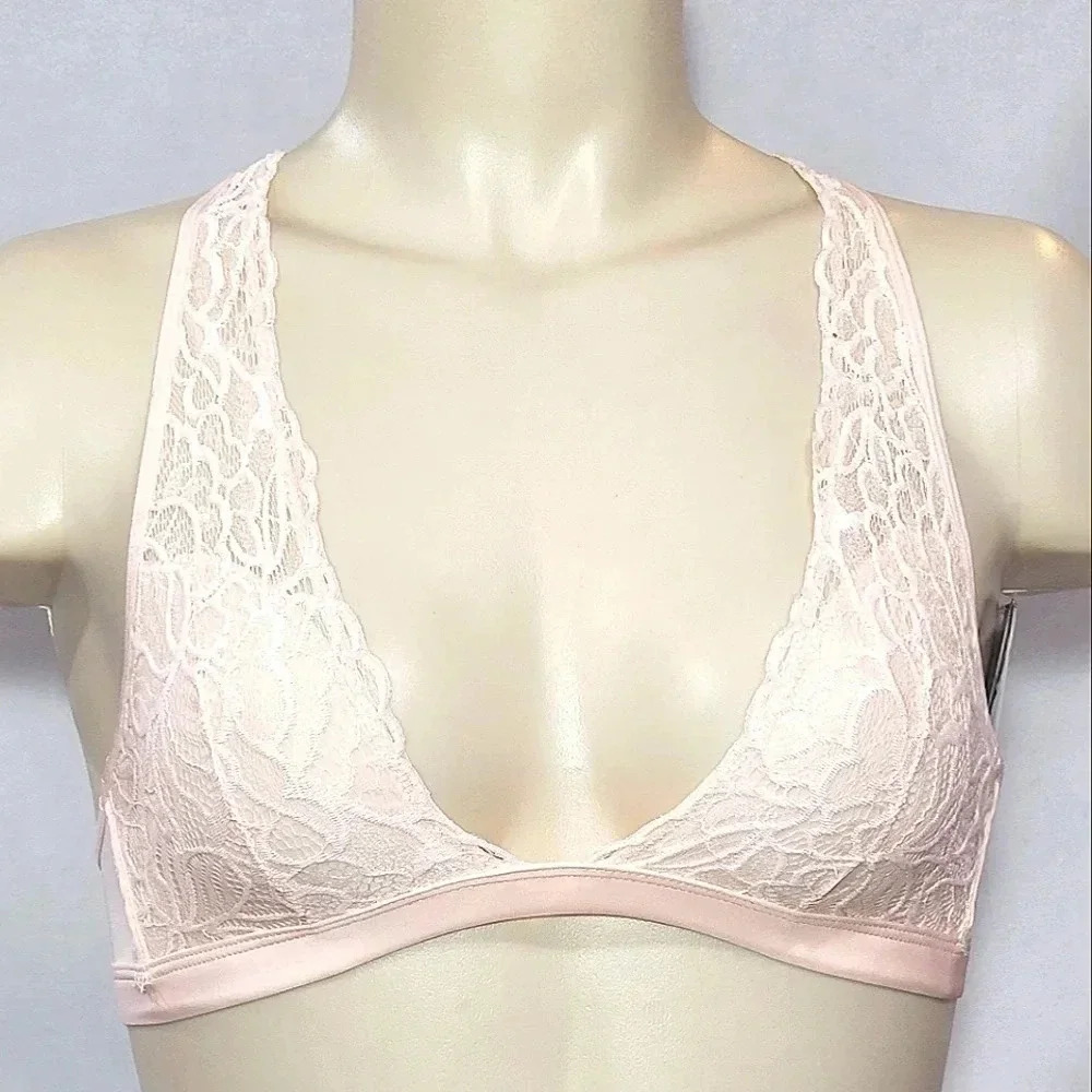 XS X-SMALL Xhilaration Deep Plunge Wire‎ Free Lace Bralette Feather Peach NWT